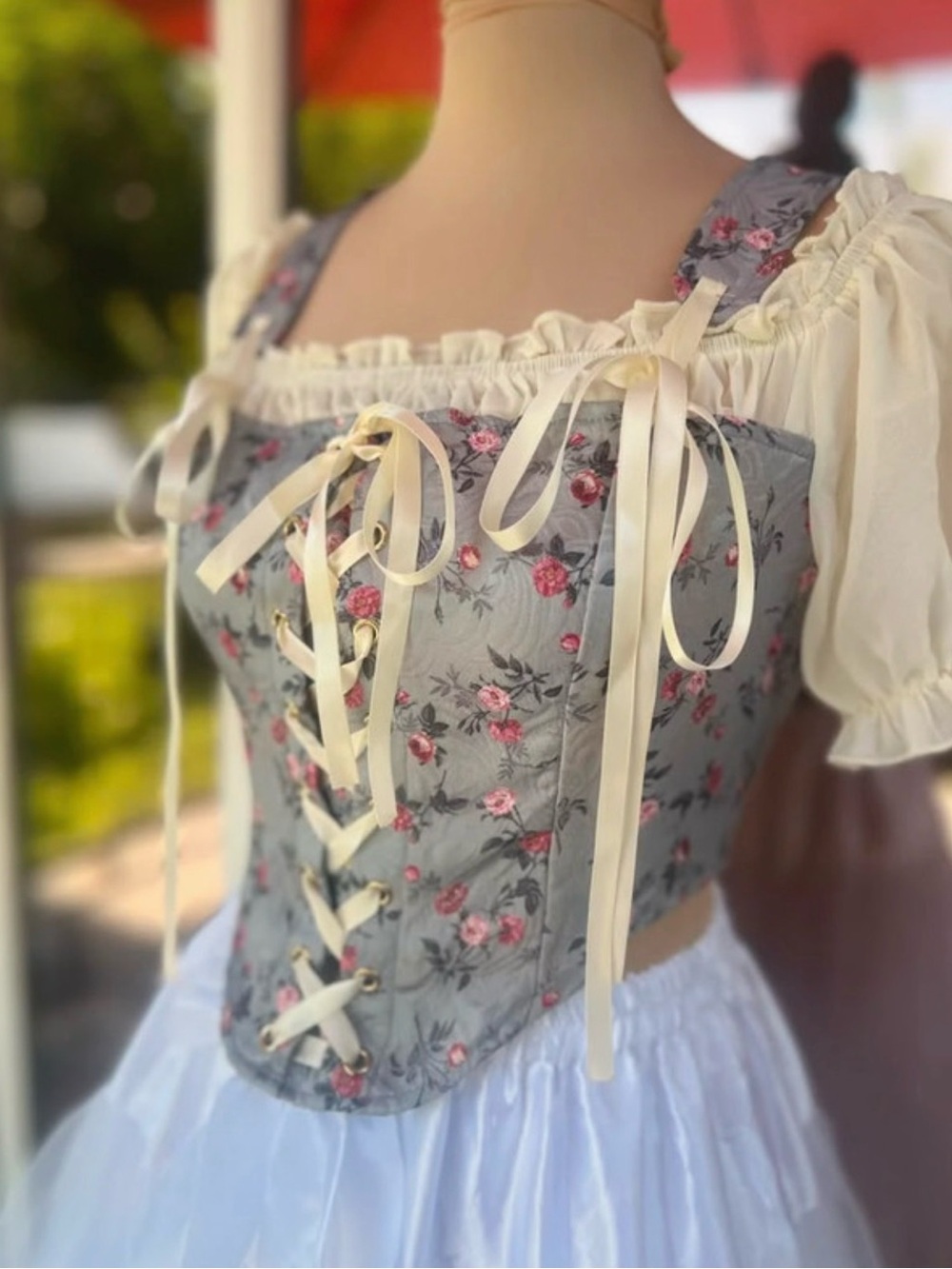 SHEIN Gray Floral Lace-Up Corset Bodysuit with Cream Ribbon
